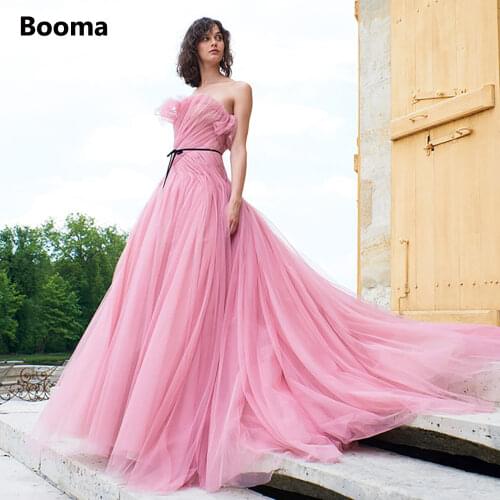 Elegant Strapless Pink Prom Dresses Sleeveless Ruched A-Line Long Formal Gowns Ribbons Tulle Princess Wedding Party Dresses