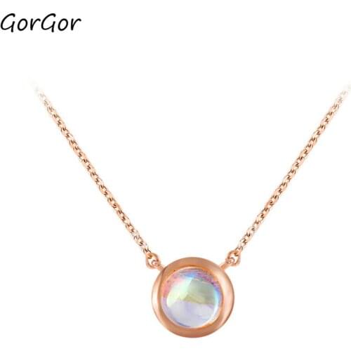 GorGor Necklace Women Copper Material Pattern Round Moonstone Rose Gold Plated Pendant Creative Exquisite Jewelry R10301150007