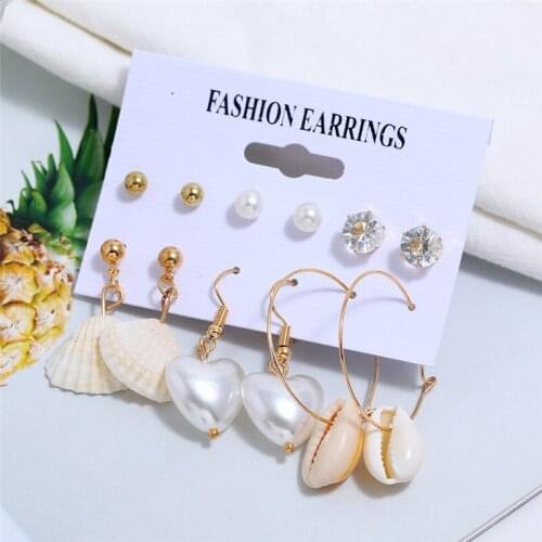 HOCOLE Fashion Geometric Stud Earrings Set For Women Pearl Heart Shell Pendant Drop Earring Female Handmade Beach Party Jewelry