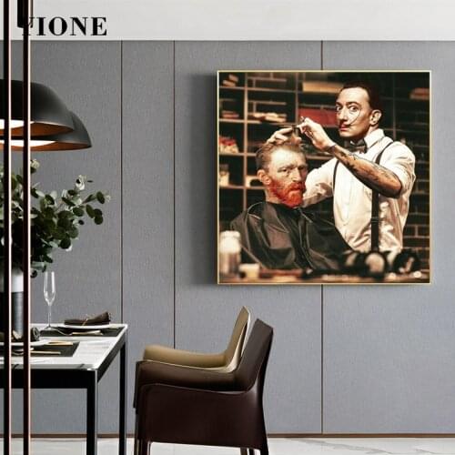 Painter Van Gogh Salvador Dali Barber Art Canvas Painting Retro Funny Figure Mens Haircut Wall Picture Poster Prints Home Decor