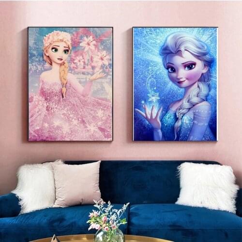 Disney Art Anna and Elsa Canvas Painting Frozen Cartoon Figure Posters and Prints Wall Art Pictures for Living Girls Room Decor