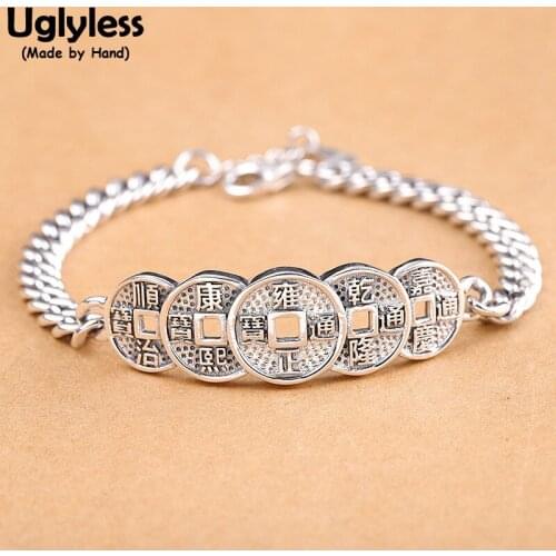 Uglyless Unisex 5 China Dynasties Coins Bracelets for Men Women Antique Vintage Jewelry 925 Silver Chains Bracelets Thai Silver