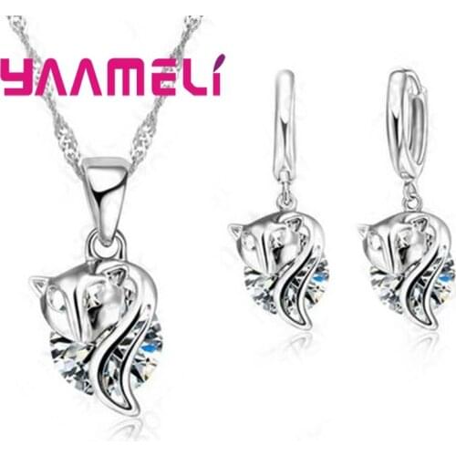 Lovely Romantic Animal Fox Shape Design Pendant Necklace Earring Sets With Cubic Zirconia Crystal Jewelry For Women Girl