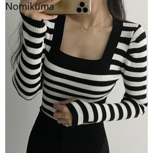 Nomikuma Korean Chic Autumn New Vintage Pullover Jumpers Square Collar Slim Fit Striped Sweater Long Sleeve Tops Pull Femme