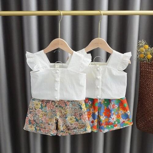 Summer Girls Clothes Set White Shirts Floral Shorts Two Piece Children Suits 2021 New Fashion Baby Toddler Kids Costume 2-6 Year