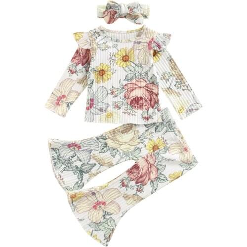 2-6Years Three Piece Girl’s Clothes Fashion Flower Long Sleeve T-shirt and Trumpet Pants with Headband