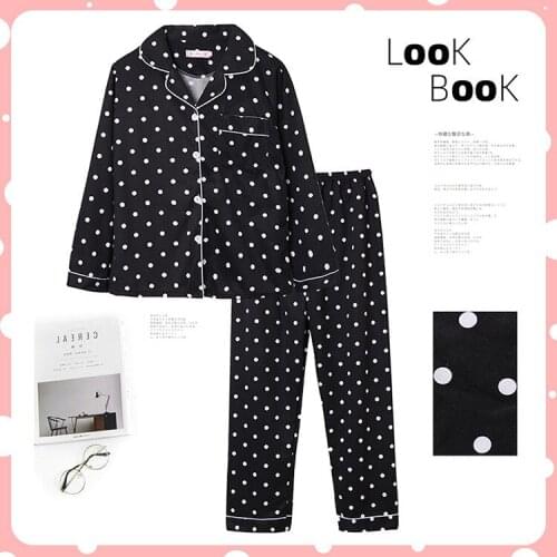 Autumn Winter 2 Pieces Sets Sleepwear For Women Sexy Black Polka Dot Print Turn-down Collar Pajamas Large Size Female Homewear