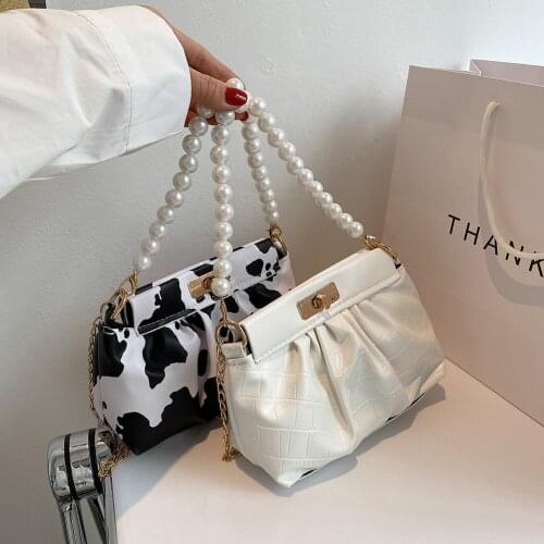 Pleated Crossbody Shoulder Messenger Bag for Women Alligator Cow Pattern Casual Ladies Pearl Chain Mini Handbags