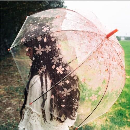 Y1UU Romantic Transparent Clear Flowers Bubble Dome Umbrella Half Automatic For Wind Heavy Rain