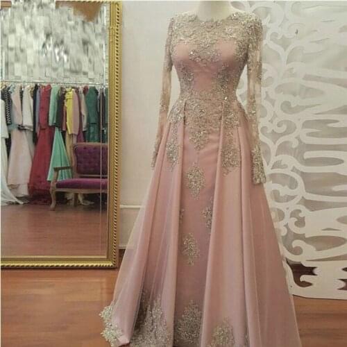 Blush Pink Muslim Evening Dresses Long Sleeve Lace A-line Evening Party Gowns Appliques Sequins Formal Dresses Robe De Soiree
