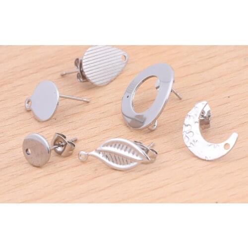 20pcs Stainless Steel Moon Circle Teardrop Stud Earring Posts With Loop Diy Ear Connectors For Jewelry Maing Supplies