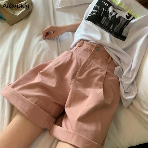 Shorts Women Solid Lovely College High Waist Trendy Ulzzang Chic All Match Loose Leisure Summer Pocket Simple Elegant Apricot