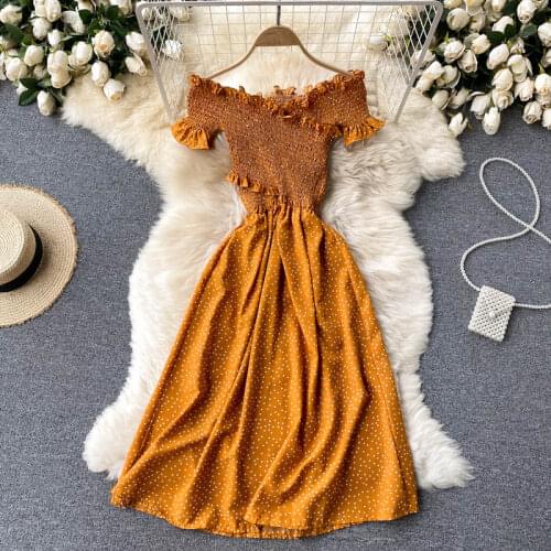 Teeuiear vintage boho polka dot print cross criss sexy off shoulder midi Dress Summer party elastic Women beach holiday dress