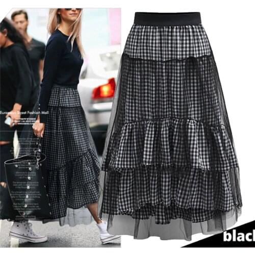 Womens Clothing 2018 Summer New Houndstooth Mesh Stitching Skirts Women High Waist Irregular Skirt