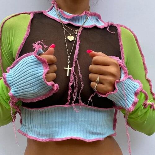 Hirigin Women Sexy Tops Colorblock Graphic Shirts Ribbed Knitted Sheer Mesh Patchwork Long Sleeve Blouse 2020