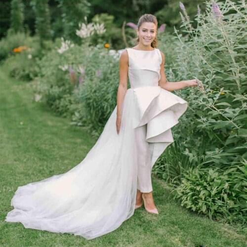 Stain Wedding Jumpsuit with Detachable Train 2021 Fashion Jewel Neck Ruffles Peplum Bohemian Country Bride dress With Pant Suit