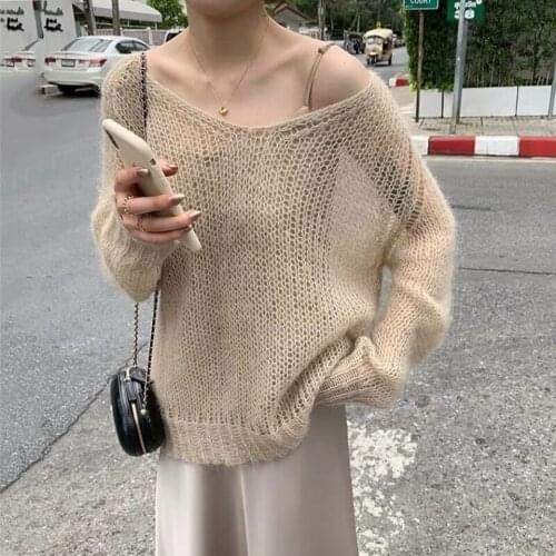 Ladies Deep V Neck Hollow Out Knit Casual Top Retro Jumpers Korean Style Creamy-white Loose Thin Women Knit Pullovers Sweater