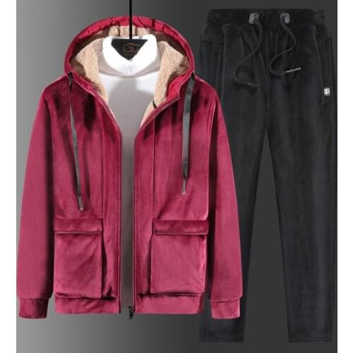Winter Men suits Hooded Jacket Fleece-Lined Two-Piece Suit Velvet hoodies coat + pants 2 pieces set Lambswool plus Size 130kg