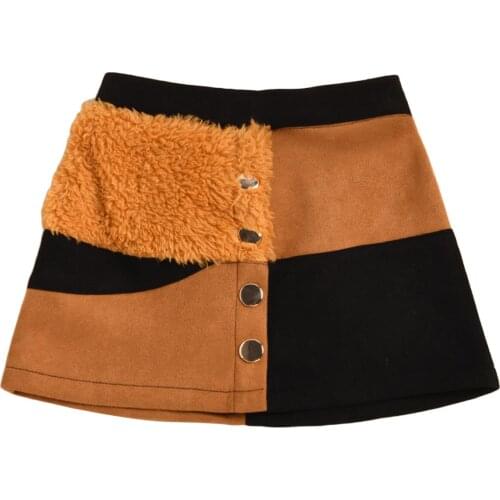 2021 Girls Fur Patchwork Mini Skirt with Buttons Children Contrast Color High Waist A-Line Skirts