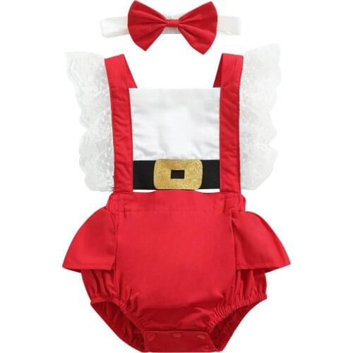 2021 Christmas Newborn Baby Girl Sleeveless Backless Patchwork Holiday Romper Jumpsuit Headband 2PCS Xmas Clothes