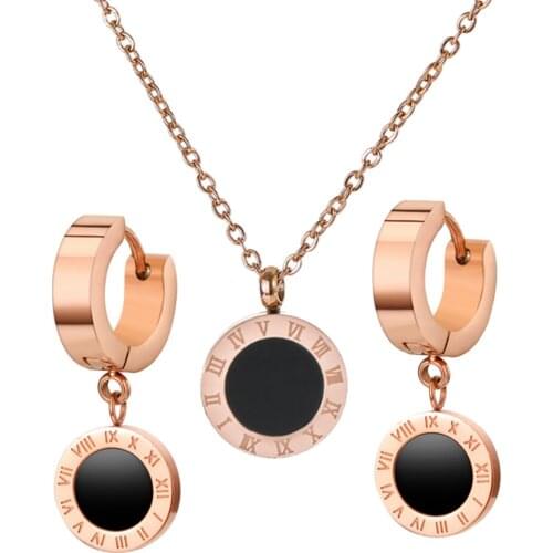 316L Stainless Steel Gold Double Side Shell Round Roman Numeral Necklace and Earring Set No Fade