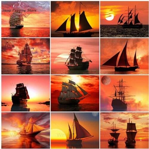 Diamond Painting Sunset Sailboat Seascape Art Diamond Mosaic Embroidery Beautiful Scenery Full Drill Cross Stitch Kit Home Deco