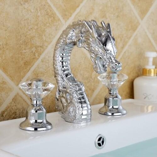 Free shipping chrome CLOUR 8 inch widesrepad dragon faucet bathroom lavatory sink animal crystal handles mixer tap