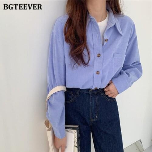 BGTEEVER Elegant Turn-down Collar Thicken Women Blouse Shirts Autumn Long Sleeve Loose Solid Female Blouses Tops 2021