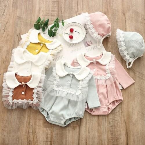 2021 New Baby Cotton Romper +Hat 2Pcs Outfits Lace Overalls Infant Girls Jumpsuits Long Sleeve Rompers Spring Fall Lovely Romper