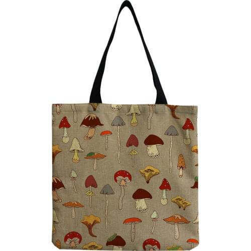 Eco Friendly Reusable Cute Book Bags For Girls Cartoon Mushroom Print Tote Bags for Women Simple Size Foldable Storage Handbag