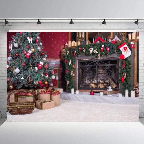 Christmas Backdrop Fireplace Christmas Tree Backdrops Party Decoration Background Xmas Event family photo booth shoot studio