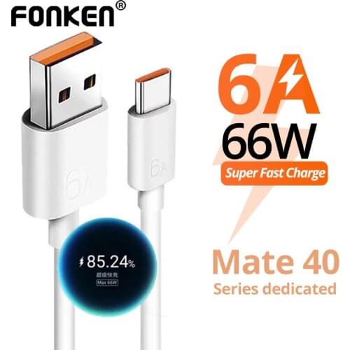 FONKEN 66W 6A USB Type-C Super Fast Charging Data Cable For Huawei Mate 40 Pro 30 20 P40 P30 Lite P20 USB C Charge Charger Wire
