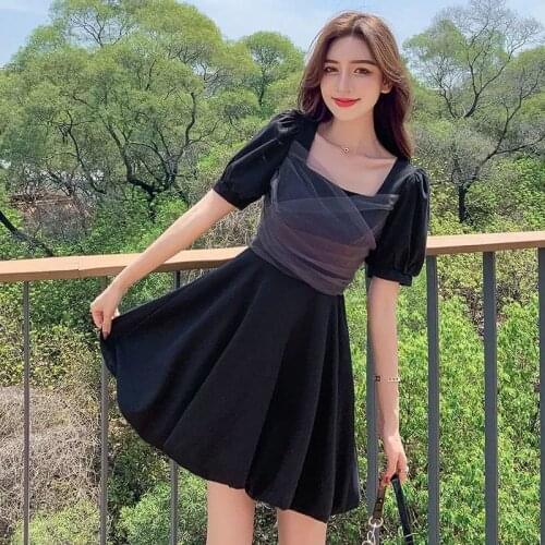 Yang gas mesh yarn bow square collar princess skirt 2021 waist thin temperament small fairy dress