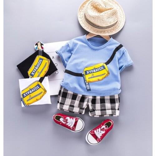 2020 Toddler Girls Boys Clothes Sets Summer Casual T Shirt Bag Print+Plaid Short Pants 2Pcs Fashion Cotton Kids 1 2 3 4 Years