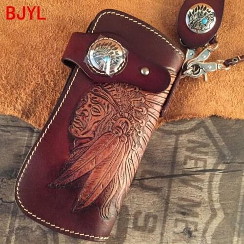 Handmade Wallet Mens Long Zipper Wallet Leather Retro Clutch Bag Card Holder Purse Cellphone Foreskin Carved Wallets Original