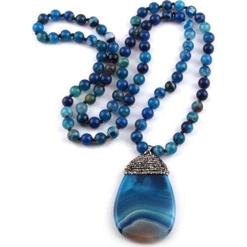 Fashion Bohemian Tribal Jewelry Blue Stripe Stone Knotted Crystal Pave Stones droplets Necklaces Women Ethnic Necklace