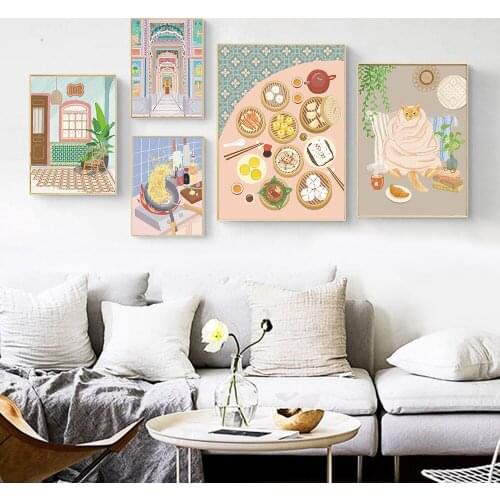 Cartoon Chinese Breakfast Poster and Print Kitchen Fried Rice Canvas Painting India Gate Wall Art Yellow Cat Picture Home Decor