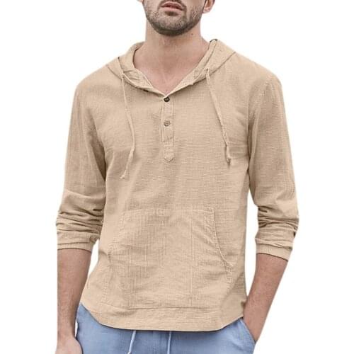 2021 European and American mens Chinese style V-neck solid color cotton slim long-sleeved casual shirt top