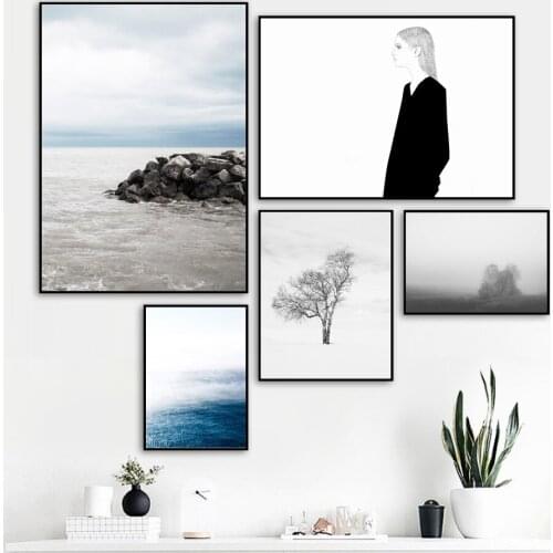 Blue Sky Sea Reef Tree Girl Landscape Wall Art Canvas Painting Nordic Posters And Prints Wall Pictures For Living Room Decor