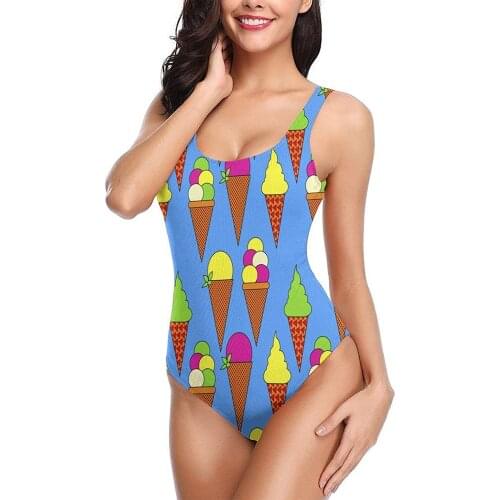 New High Cut Swimwear One-Piece Sexy Swimsuits Slimming For Women Teen Girls Seamless Pattern Ice Cream Colorful Blue