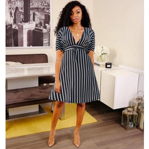 TNNAOFF New Popular Striped Bandage Loose Dress for Women Birthday Outfits Sexy Short Sleeve V-neck Lounge Wear Maxi Dresses