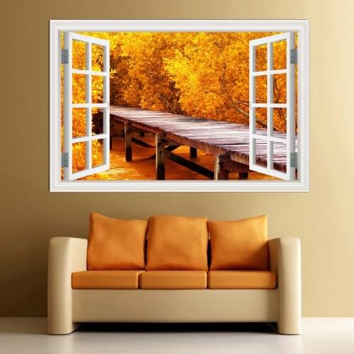 PVC vinyl wall paper adesivo de parede Wall art 3D Window view wall stickers autumn leaves for living room home decor