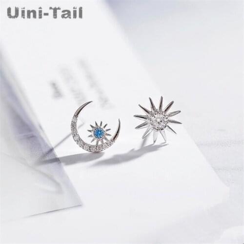 Uini-Tail hot new 925 sterling silver creative stars moon micro-set earrings temperament Korean fashion asymmetric earrings