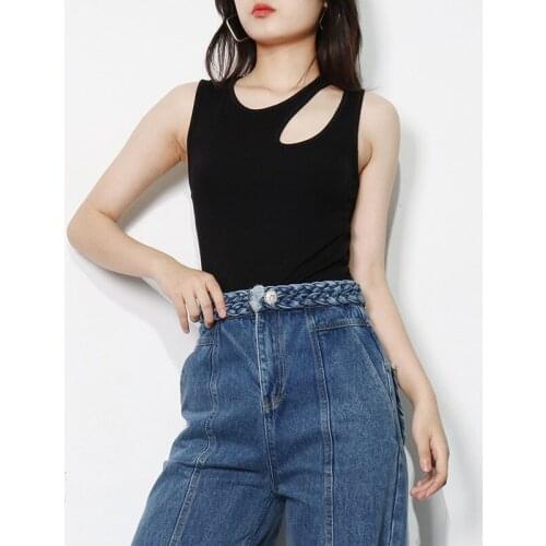 Free Shipping High Quality Designer Fashion Irregular Sleeveless T-shirts Women 2021 Summer Solid Color Knitted T Shirt