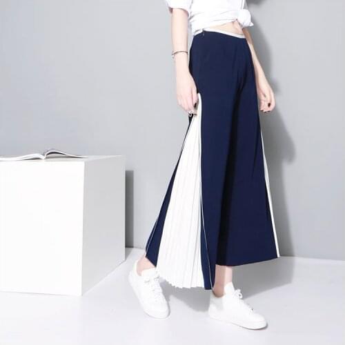 2019 Spring and Summer Wide-legged Pants Women Elastic Waist Chiffion Unique Fold Spliced Trousters Ladies