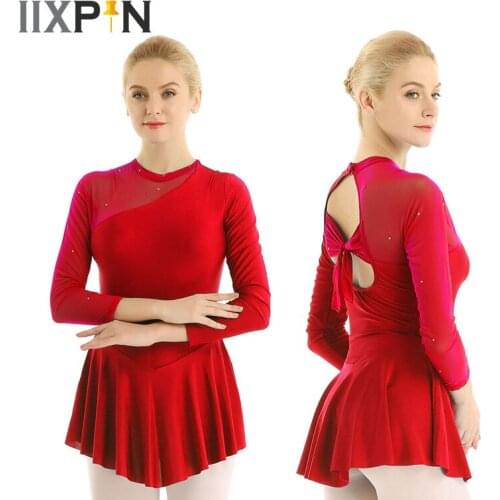 Women Lyrical dance costume ballet leotards dance Long Sleeve Neck Halter Backless Skating Dress Gymnastics Leotard Ballet Dress
