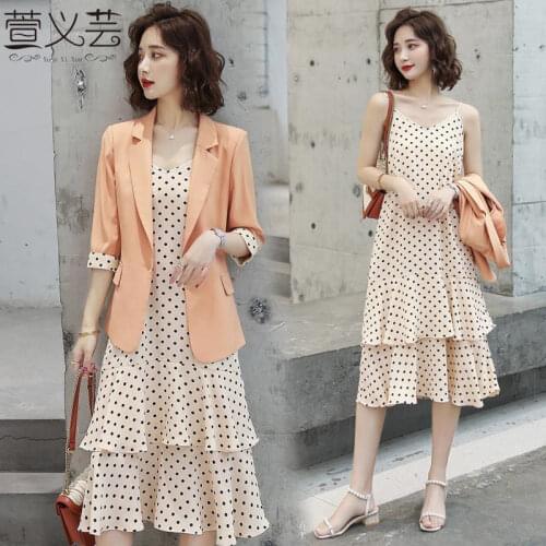 2021 Spring Autumn Womens Elegant Office Fashion Slim Fitting Suit Coat + Knee Round Dot Waist Strap Dress 2-Piece Suit