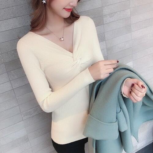 QRWR 2020 Autumn Winter Women Sweater Fashion Sexy V Neck Casual Knitted Slim Fit Solid Color Criss Sweater Women