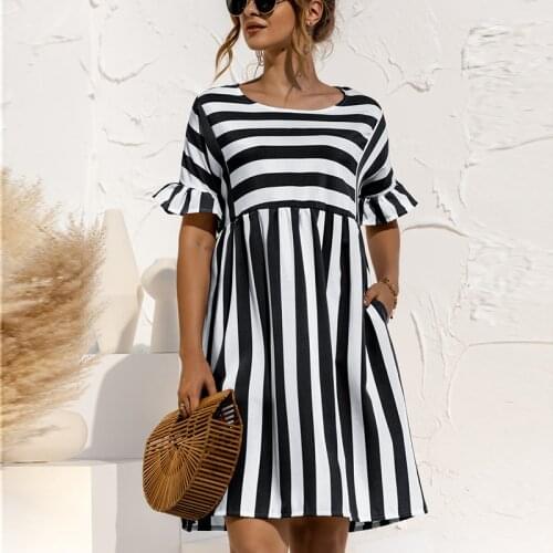 Summer Women Short Sleeve Ruffle Striped Dress Elegant O Neck A Line Beach Party Dresses Casual Loose Ladies Stripe Dress
