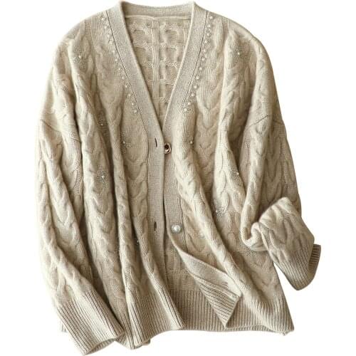 Winter Large Size Beading Cardigan Women Cashmere Single Breasted V-Neck Luxurious Clothing Woman Sweaters Thick Warm